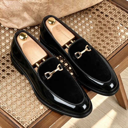 Men’s Velvet & Patent Leather Loafers | Gold Horsebit Ornament Slip‑On Luxury Dress Shoes