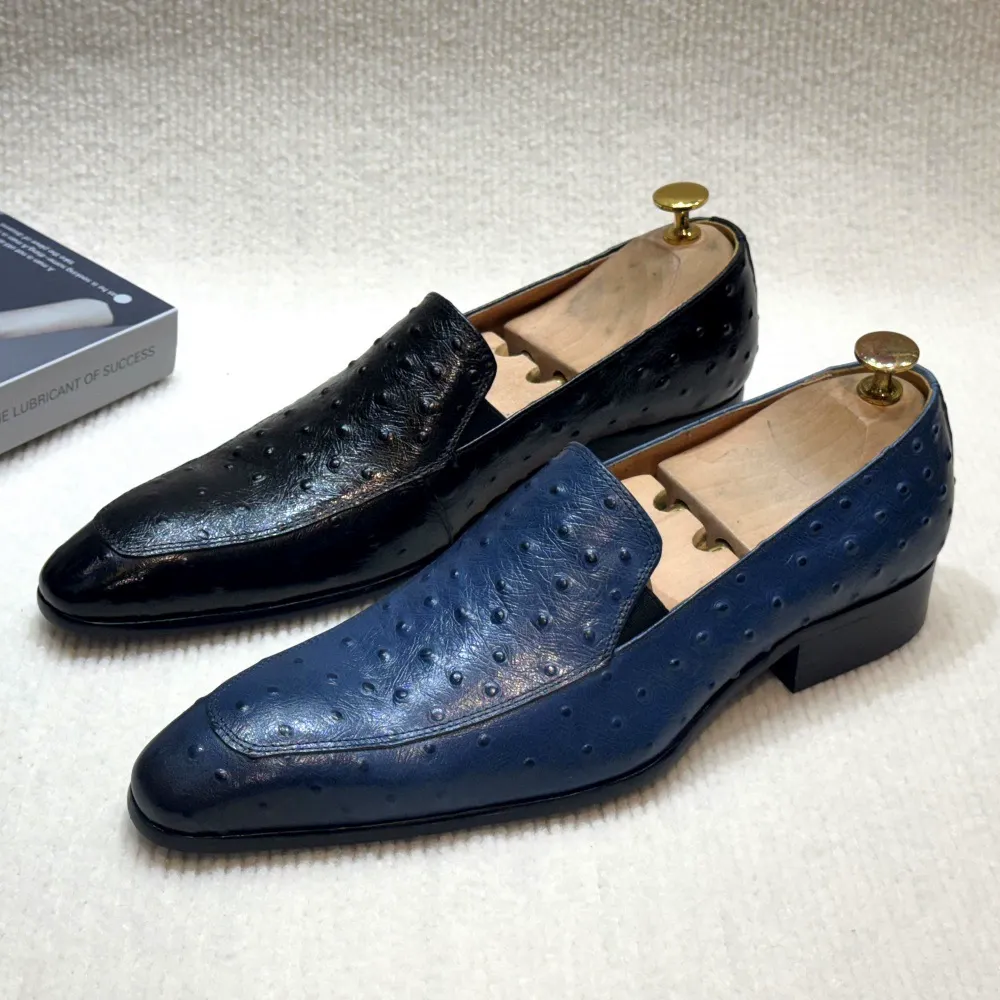 2025 new blue ostrich pattern light luxury leather loafers