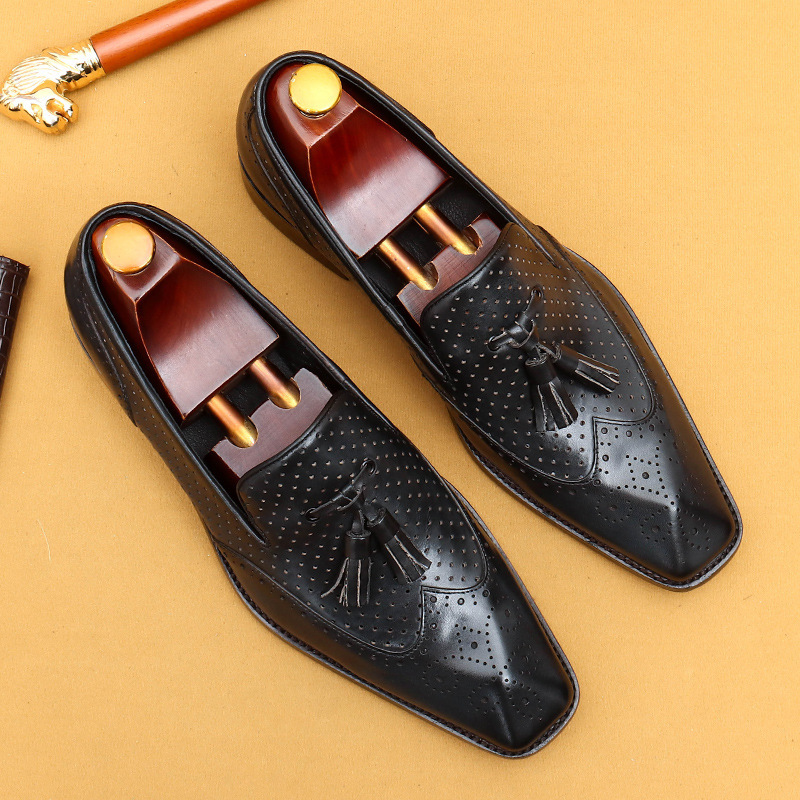 Men's tassel loafers perforated breathable genuine leather shoes