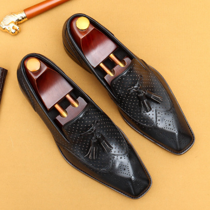 Men's tassel loafers perforated breathable genuine leather shoes