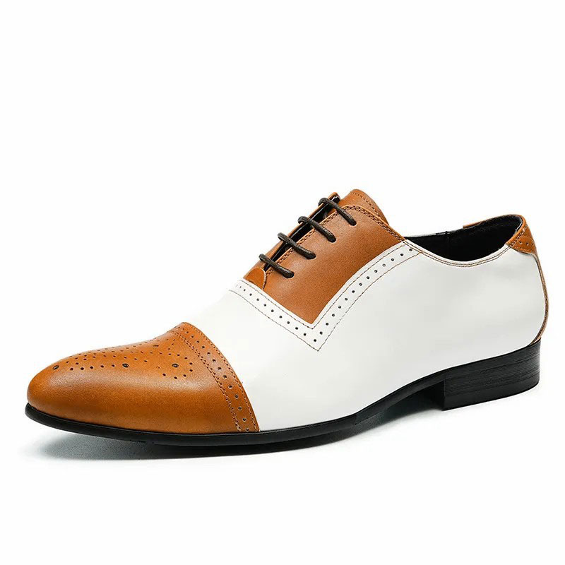 Men's classic white and brown business leather lace-up casual shoes