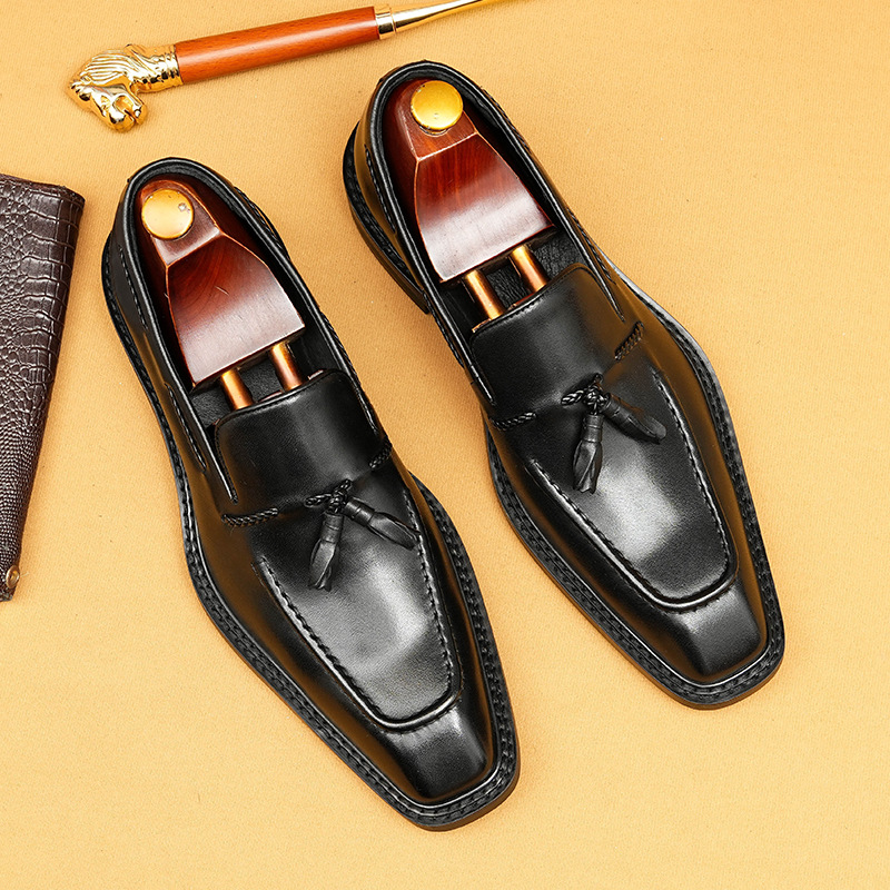 2026 New Style British Style Square Toe Tassel Genuine Leather Loafers