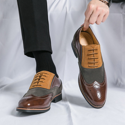 2024 new youth large size leather shoes 38-48 size brogue casual shoes men's British style color matching pointed shoes