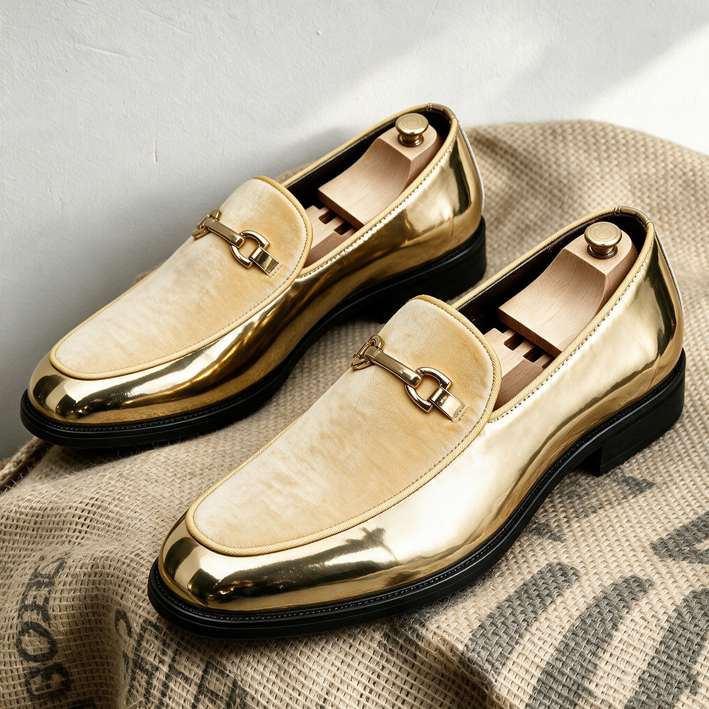 Men’s Velvet & Patent Leather Loafers | Gold Horsebit Ornament Slip‑On Luxury Dress Shoes