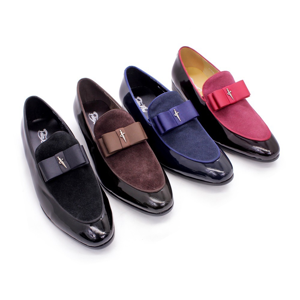 Handmade Genuine Patent Leather And Nubuck Leather Patchwork With Bow Tie Men Wedding Dress Shoes