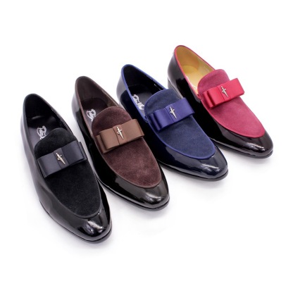 Handmade Genuine Patent Leather And Nubuck Leather Patchwork With Bow Tie Men Wedding Dress Shoes