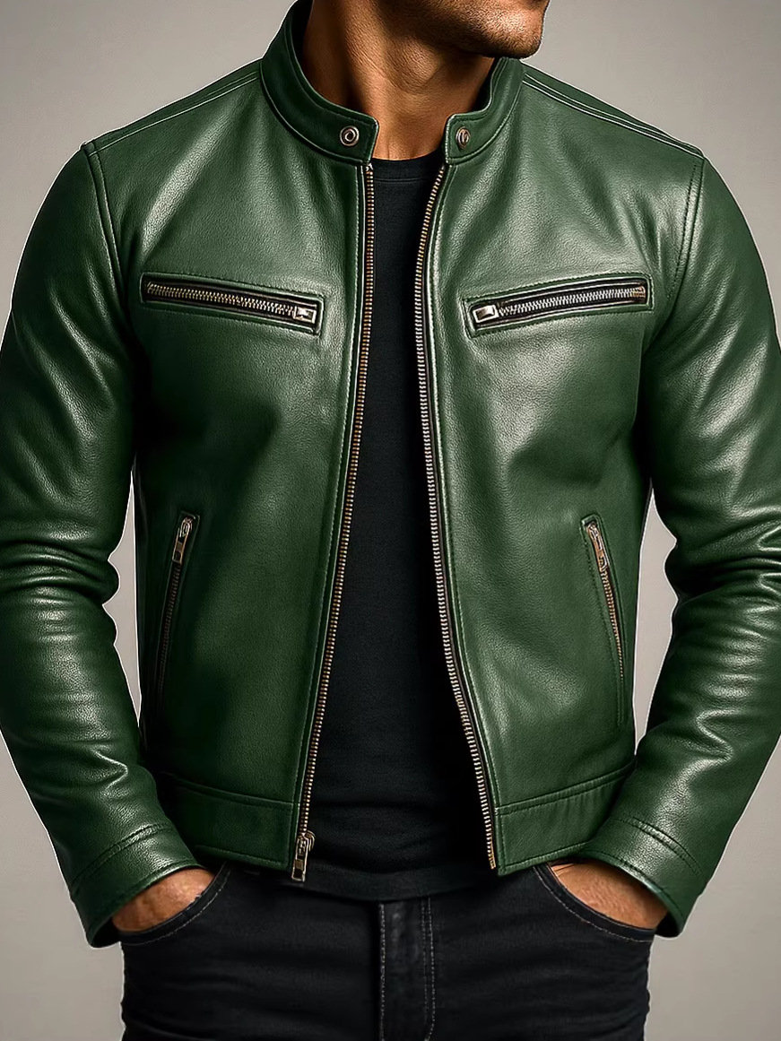 Men's Retro Stand Collar Full Zipper Slim Fit Motorcycle Jacket