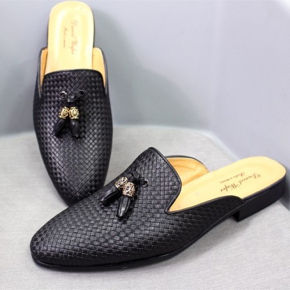 Cross-border Baotou slippers genuine leather tassel outer wear casual leather shoes men's woven pattern embossed summer pointed sandals men