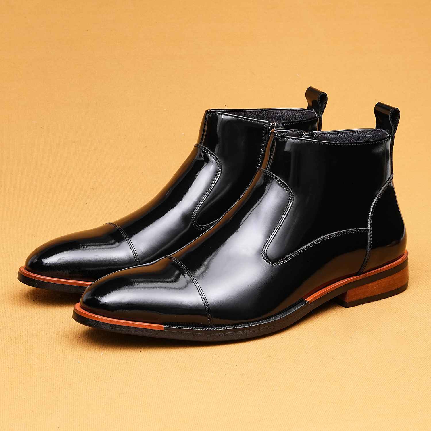 Glossy side zipper casual high-top genuine leather shoes
