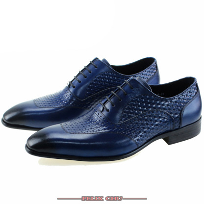 Men's leather shoes genuine leather Oxford shoes pointed toe lace-up high-end woven leather shoes men's black and blue business formal shoes