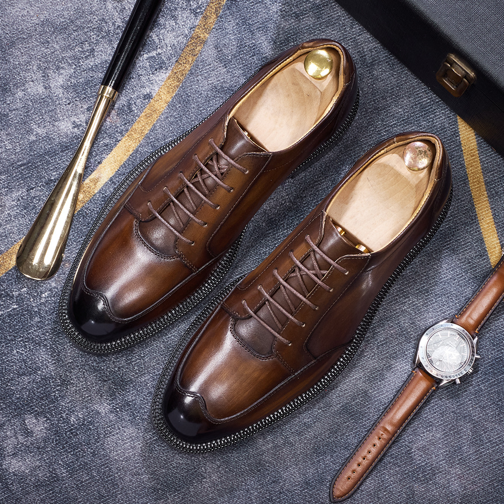 Men's Brown Genuine Cowhide Shoes Retro Trendy British-Style for Business & Casual