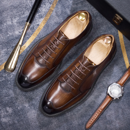 Men's Brown Genuine Cowhide Shoes Retro Trendy British-Style for Business & Casual
