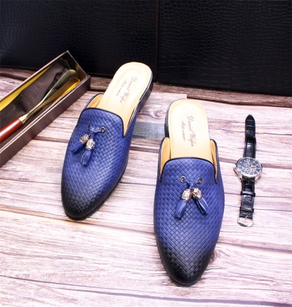 Cross-border Baotou slippers genuine leather tassel outer wear casual leather shoes men's woven pattern embossed summer pointed sandals men