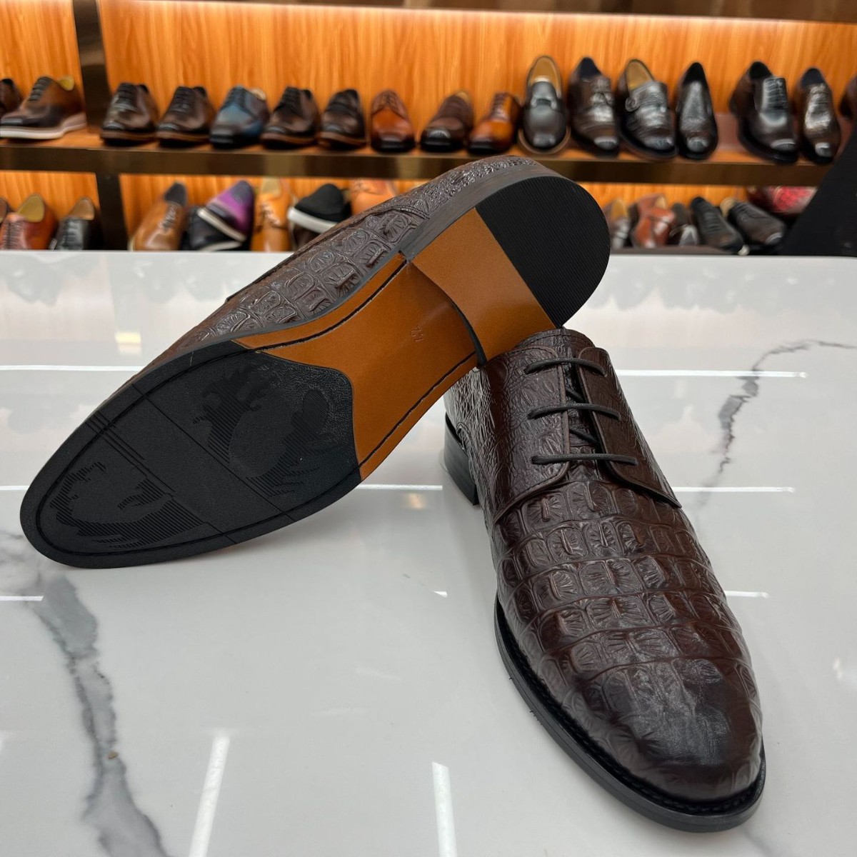 Men’s Cocoa‑Brown Full Croc‑Embossed Derby Shoes | Lace‑Up Luxury Genuine Leather Formal Shoes
