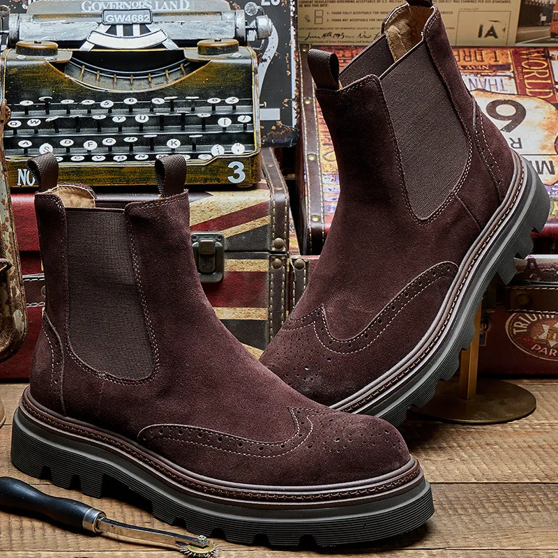 Men's Thick-soled Heightened Genuine Leather Suede British Retro Chelsea Boots
