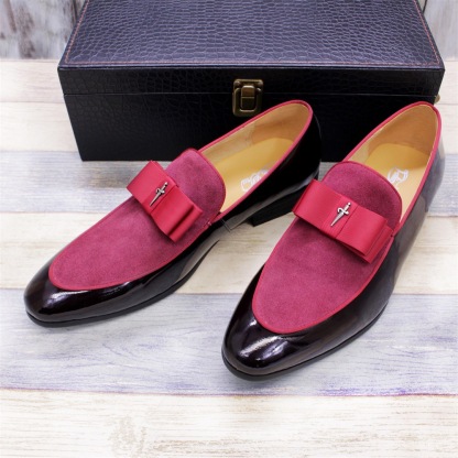 Handmade Genuine Patent Leather And Nubuck Leather Patchwork With Bow Tie Men Wedding Dress Shoes