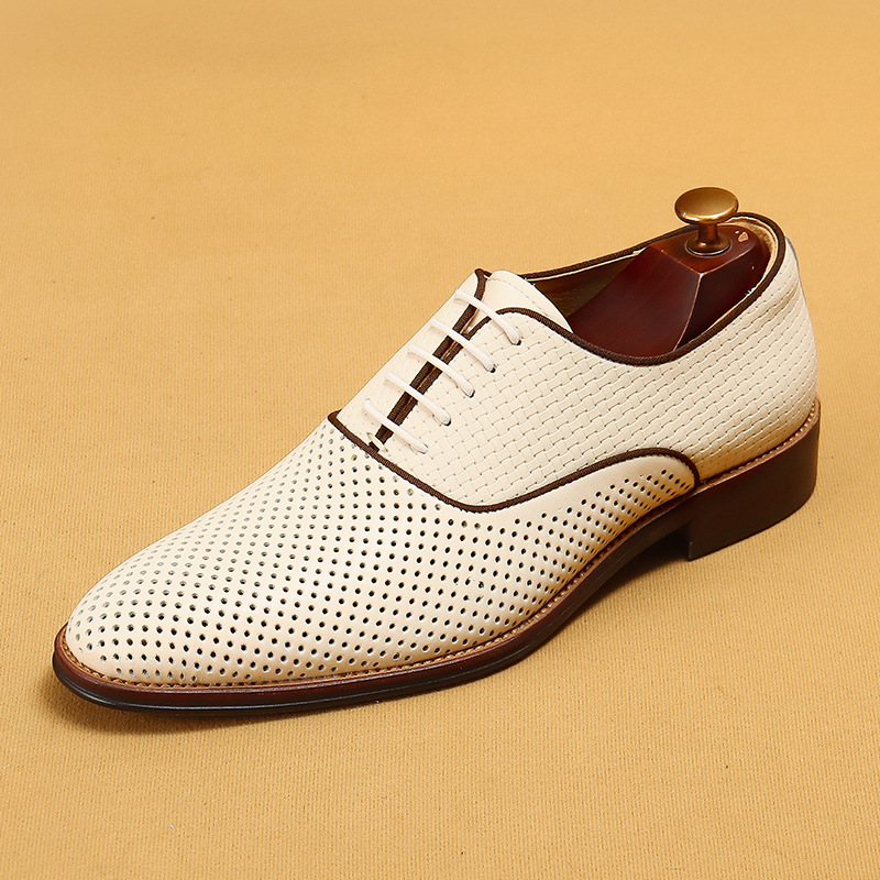 Men's Perforated Leather Dress Shoes - White, Brown, Black