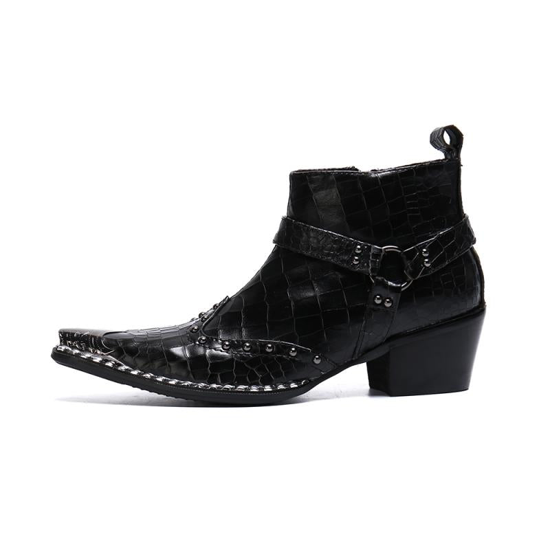Black trendy punk mid-calf cowboy leather boots