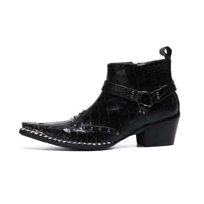 Black trendy punk mid-calf cowboy leather boots
