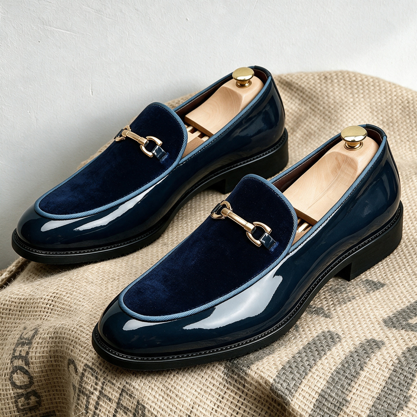 Men’s Velvet & Patent Leather Loafers | Gold Horsebit Ornament Slip‑On Luxury Dress Shoes