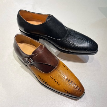 Large size handmade pointed toe color matching formal men's leather shoes