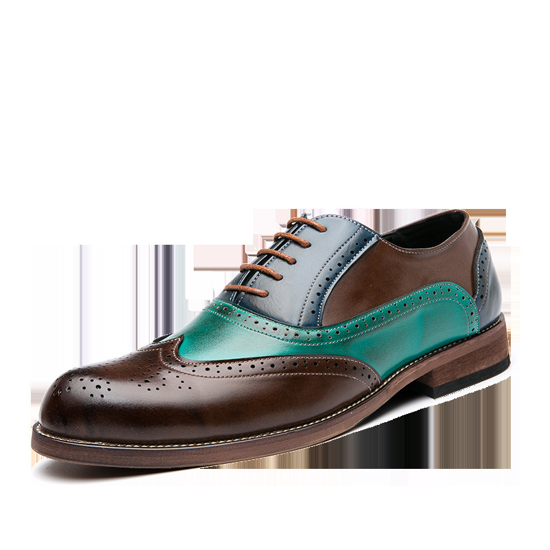 Carved English Style Color Matching Leather Shoes