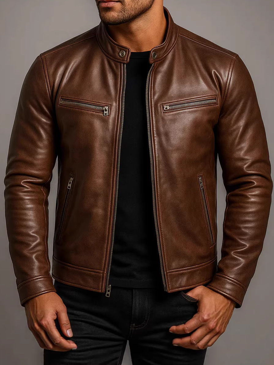 Men's Retro Stand Collar Full Zipper Slim Fit Motorcycle Jacket