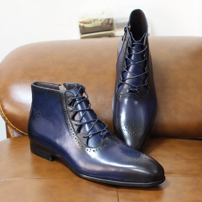Men's classic handmade genuine leather ankle boots high-top pointed business boots