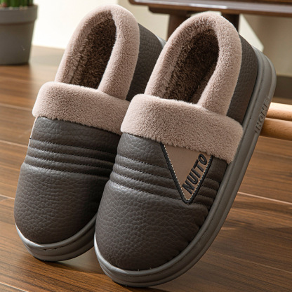2024 new men's PU leather cotton slippers for winter home indoor warm non-slip plus velvet cotton shoes EVA bottom