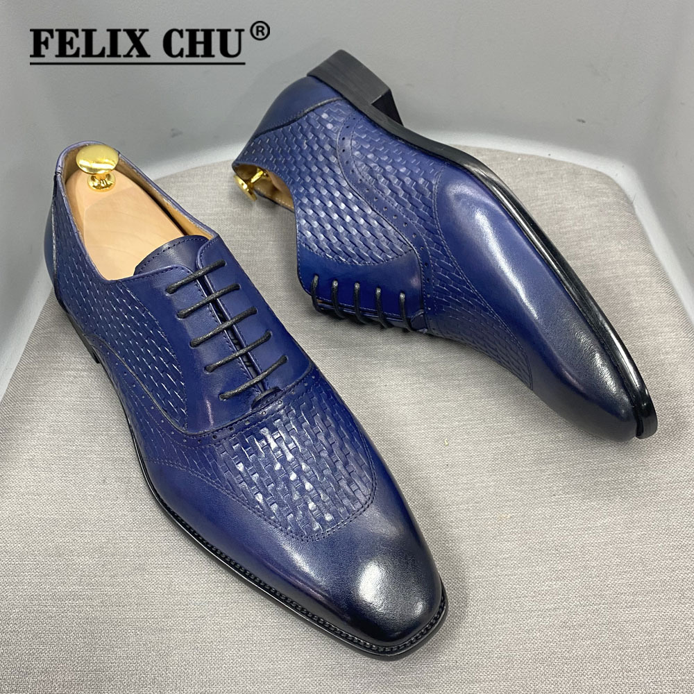 Men's leather shoes genuine leather Oxford shoes pointed toe lace-up high-end woven leather shoes men's black and blue business formal shoes