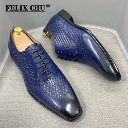 Men's leather shoes genuine leather Oxford shoes pointed toe lace-up high-end woven leather shoes men's black and blue business formal shoes