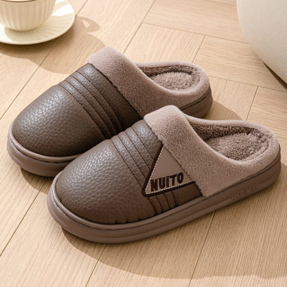 2024 new men's PU leather cotton slippers for winter home indoor warm non-slip plus velvet cotton shoes EVA bottom