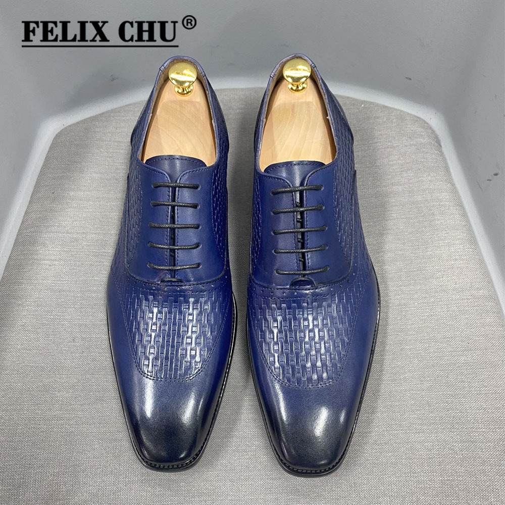 Men's genuine leather oxford shoes pointed toe lace-up black and blue business formal shoes