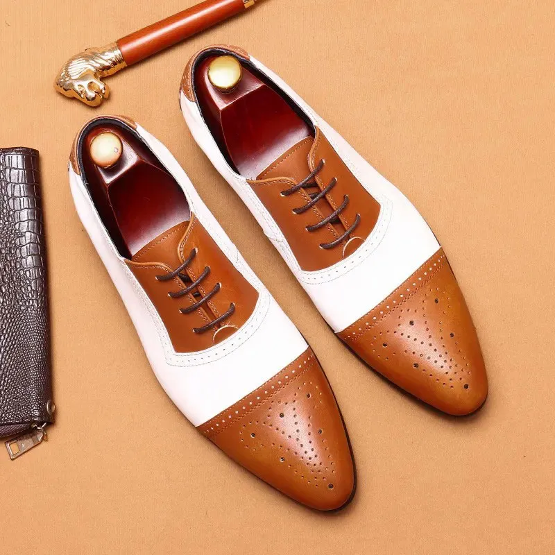Men's classic white and brown business leather lace-up casual shoes