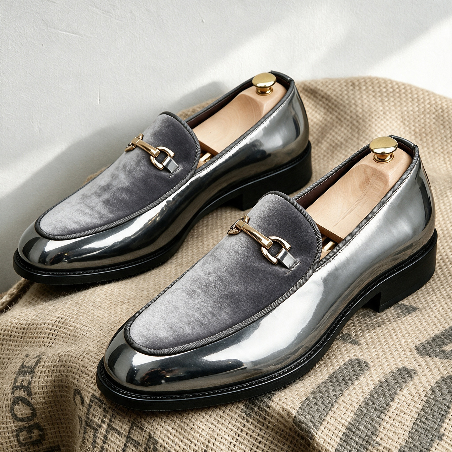 Men’s Velvet & Patent Leather Loafers | Gold Horsebit Ornament Slip‑On Luxury Dress Shoes