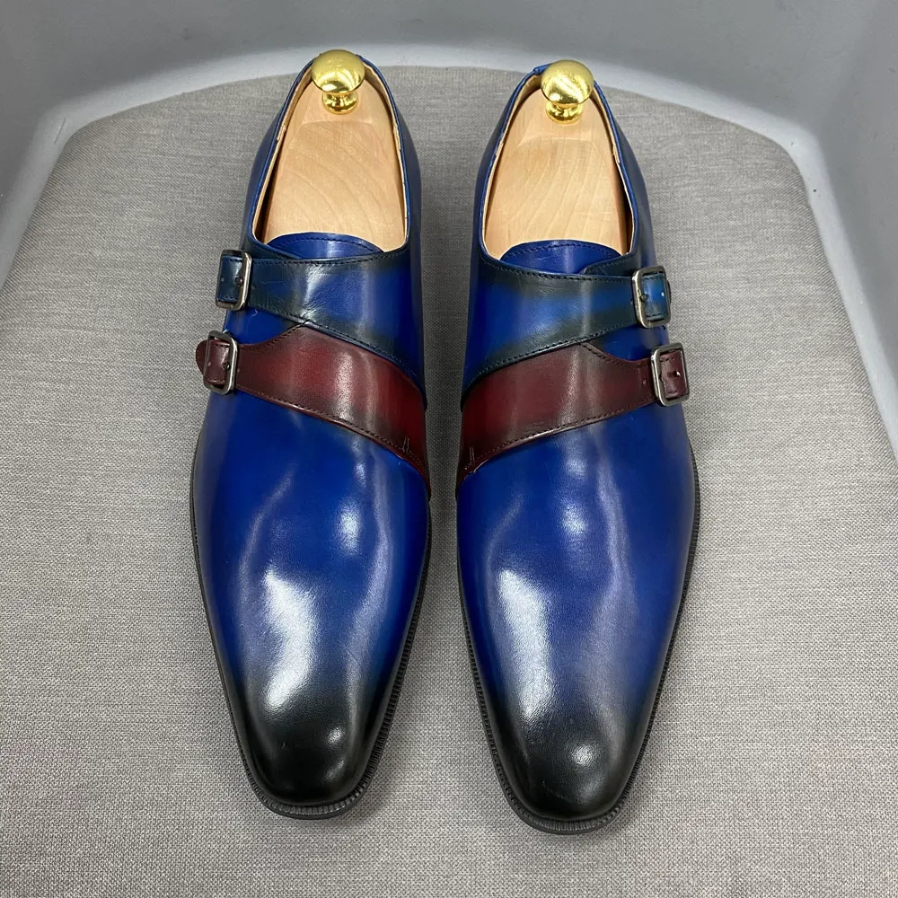 Men's double buckle color matching genuine leather business casual shoes