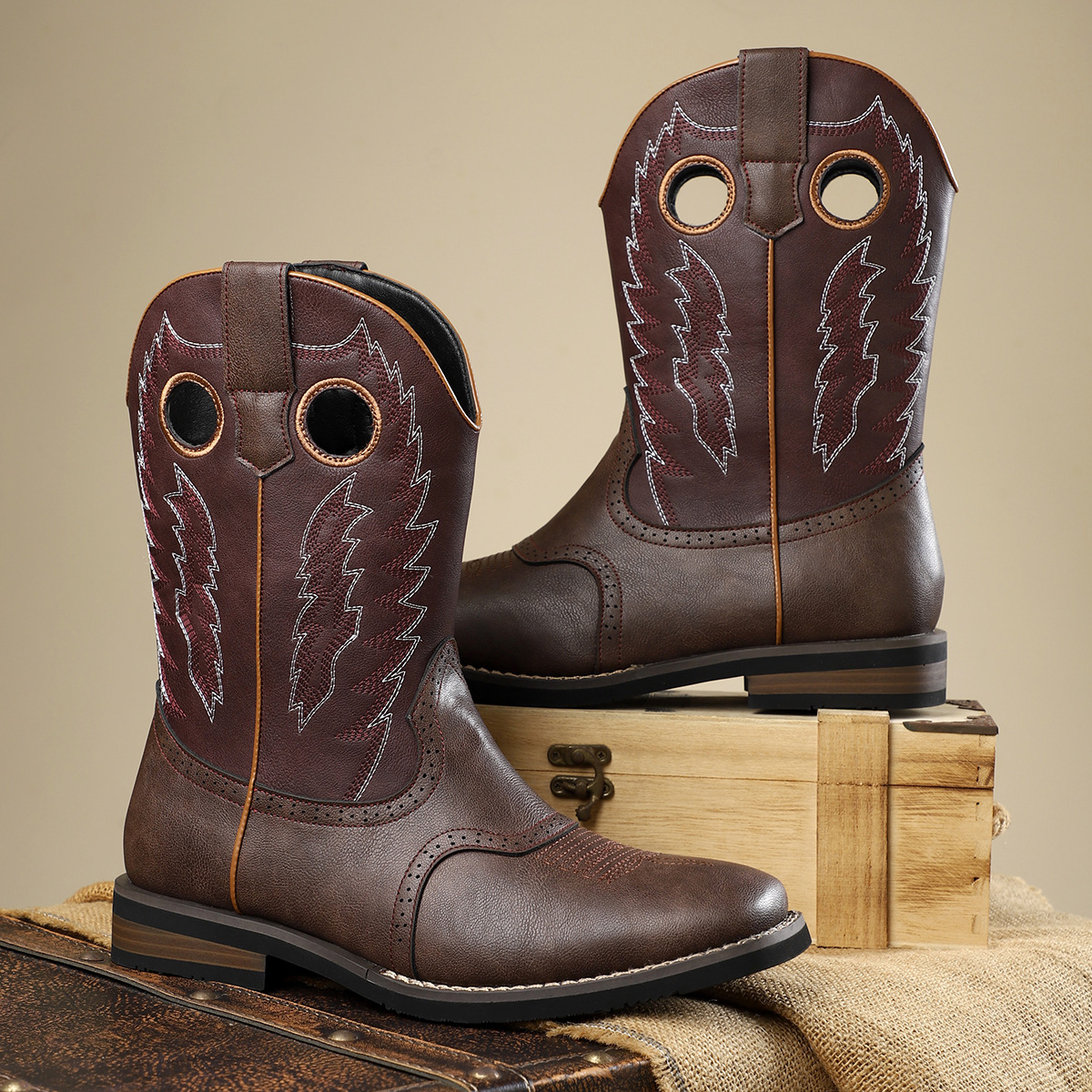 Classic Western Cowboy Boots Retro Embroidered Leather Boots Casual All-match Knight Boots Personality Fashion Cowboy Boots American Style