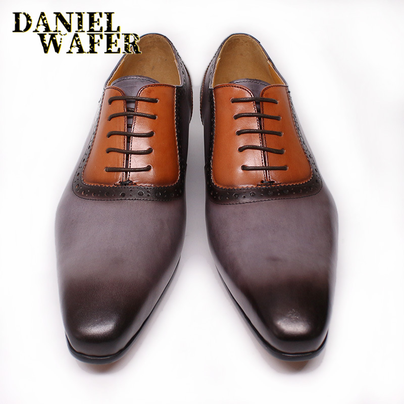 Men's stylish business casual colorblocked genuine leather Oxford shoes