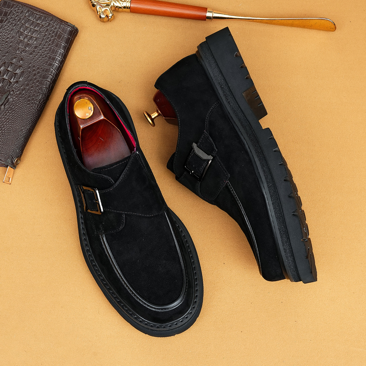 Vintage Suede Monk Strap Chunky Platform Buckle Shoes for Men