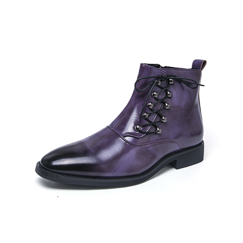 Stylish pointed-toe British-style casual side zipper lace-up men's boots