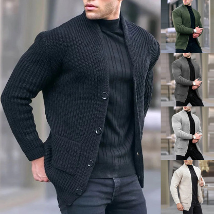 New autumn and winter European and American men's fashion casual men's clothing long sleeve stand collar pocket men's clothing solid color men's cardigan men's clothing