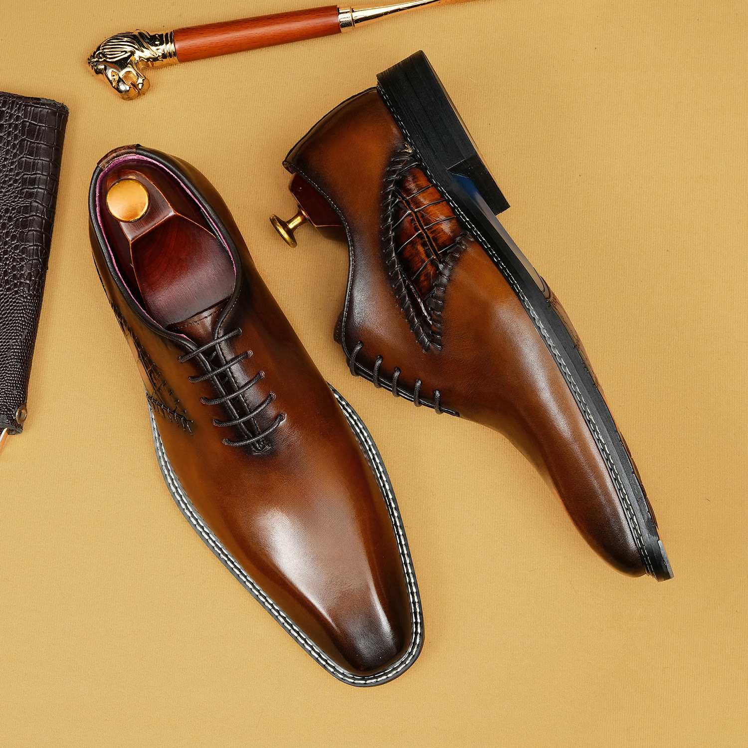 Men's Hand‑Polished Brown Oxford Dress Shoes | Square Toe Lace‑Up Formal Genuine Leather Shoes
