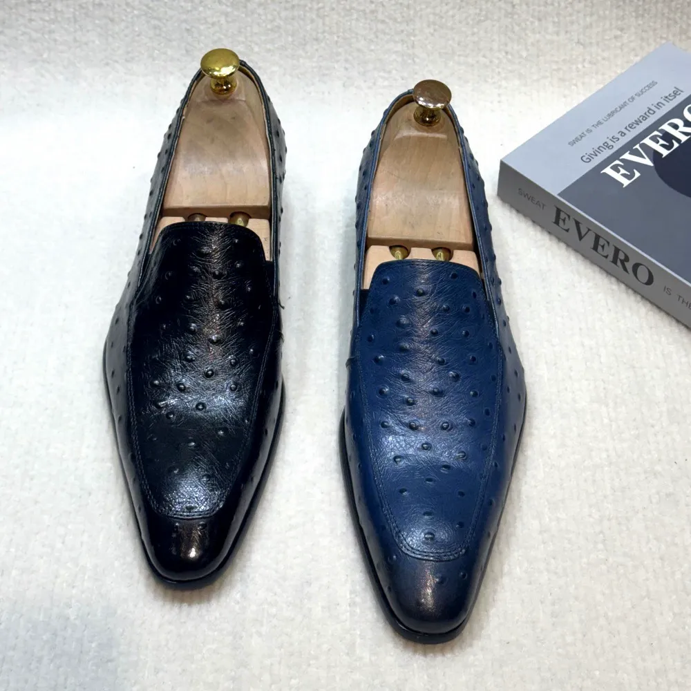 2025 new blue ostrich pattern light luxury leather loafers