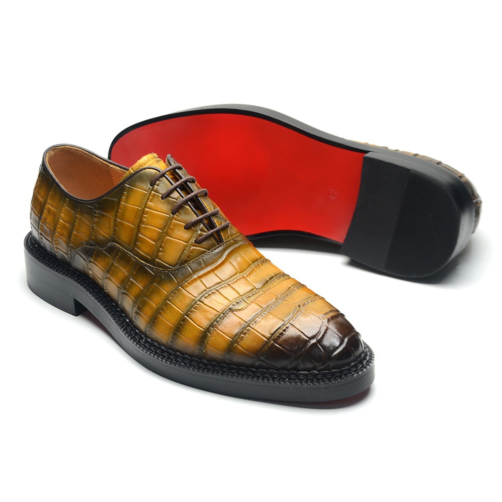 Men's Crocodile Print Leather Oxford Shoes - Brown & Black