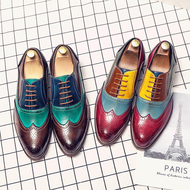 Carved English Style Color Matching Leather Shoes