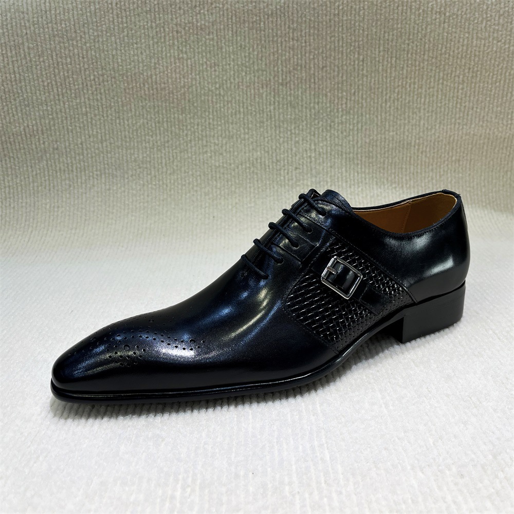 2025 new men's business top layer cowhide pointed buckle leather shoes