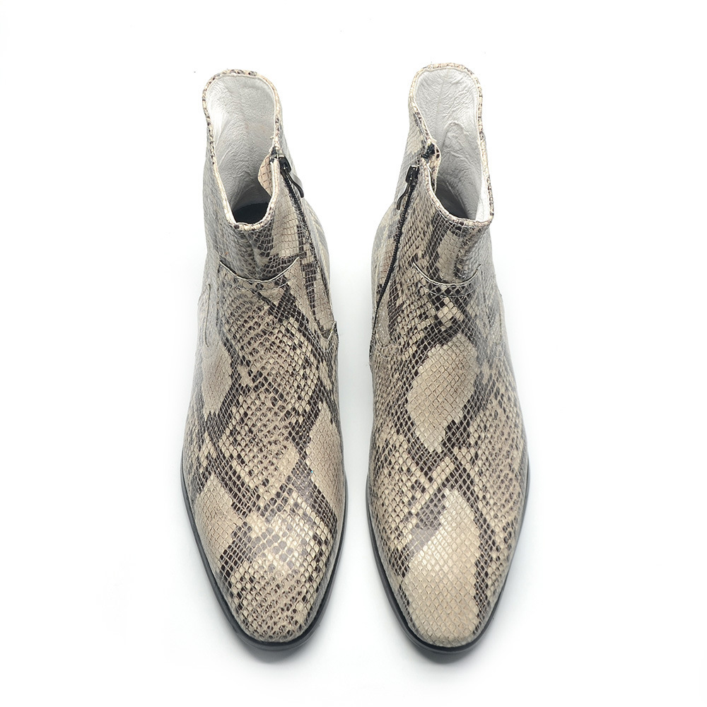 Men's 2025 new genuine leather snake pattern ankle boots, square toe, comfortable and soft, social and casual leather boots.