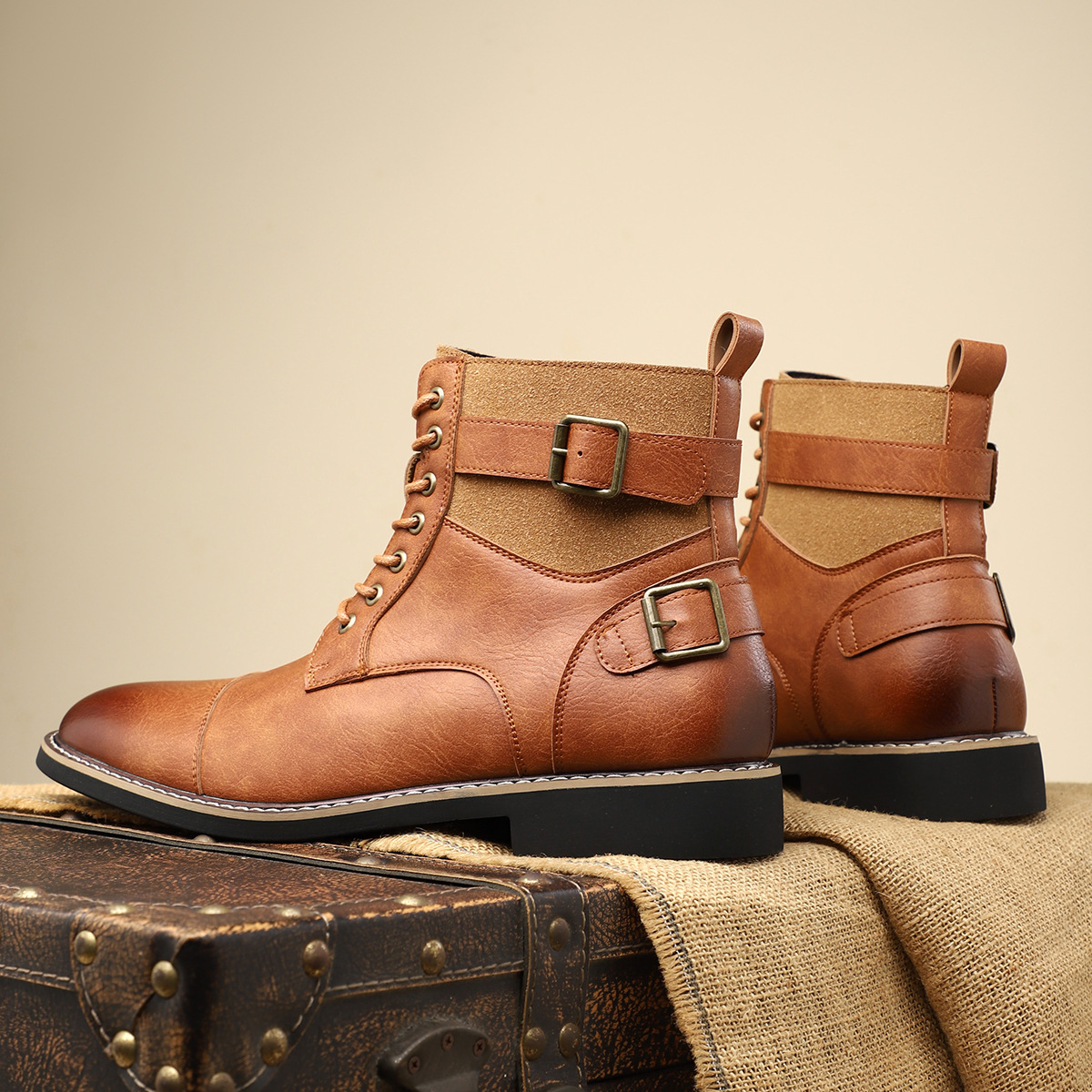 2024 new British style men's casual Martin boots non-slip retro mid-cut pointed leather boots sleeve work boots