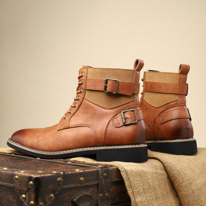 2024 new British style men's casual Martin boots non-slip retro mid-cut pointed leather boots sleeve work boots