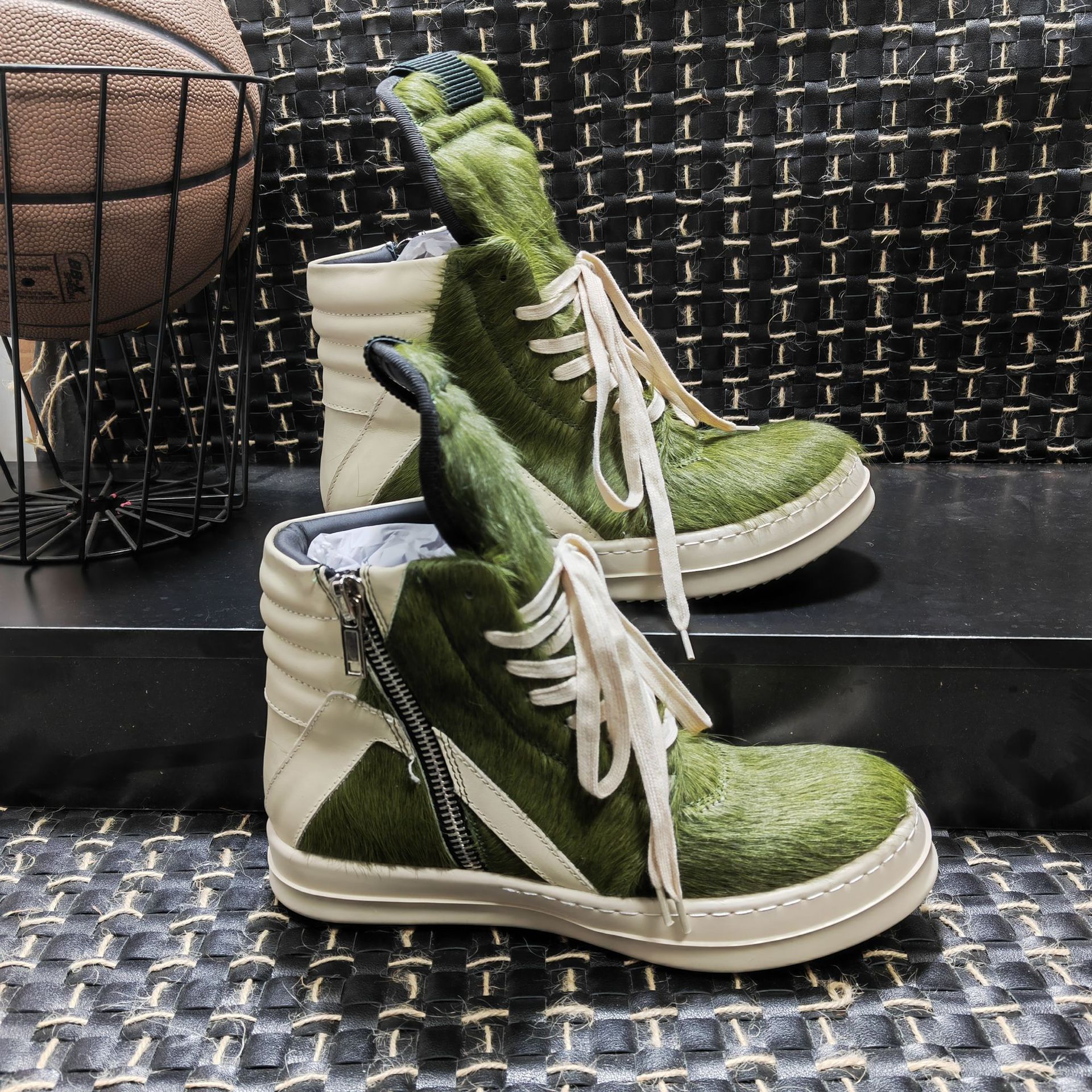 2024 new RO green horsehair high-top shoes inverted triangle large size thick bottom lace-up genuine leather European and American fashion trend high